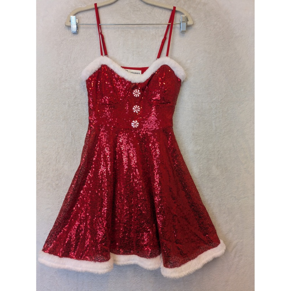 No Boundaries Sequin Mini Dress Women's XS Red Faux Fur Trim Peppermint Buttons